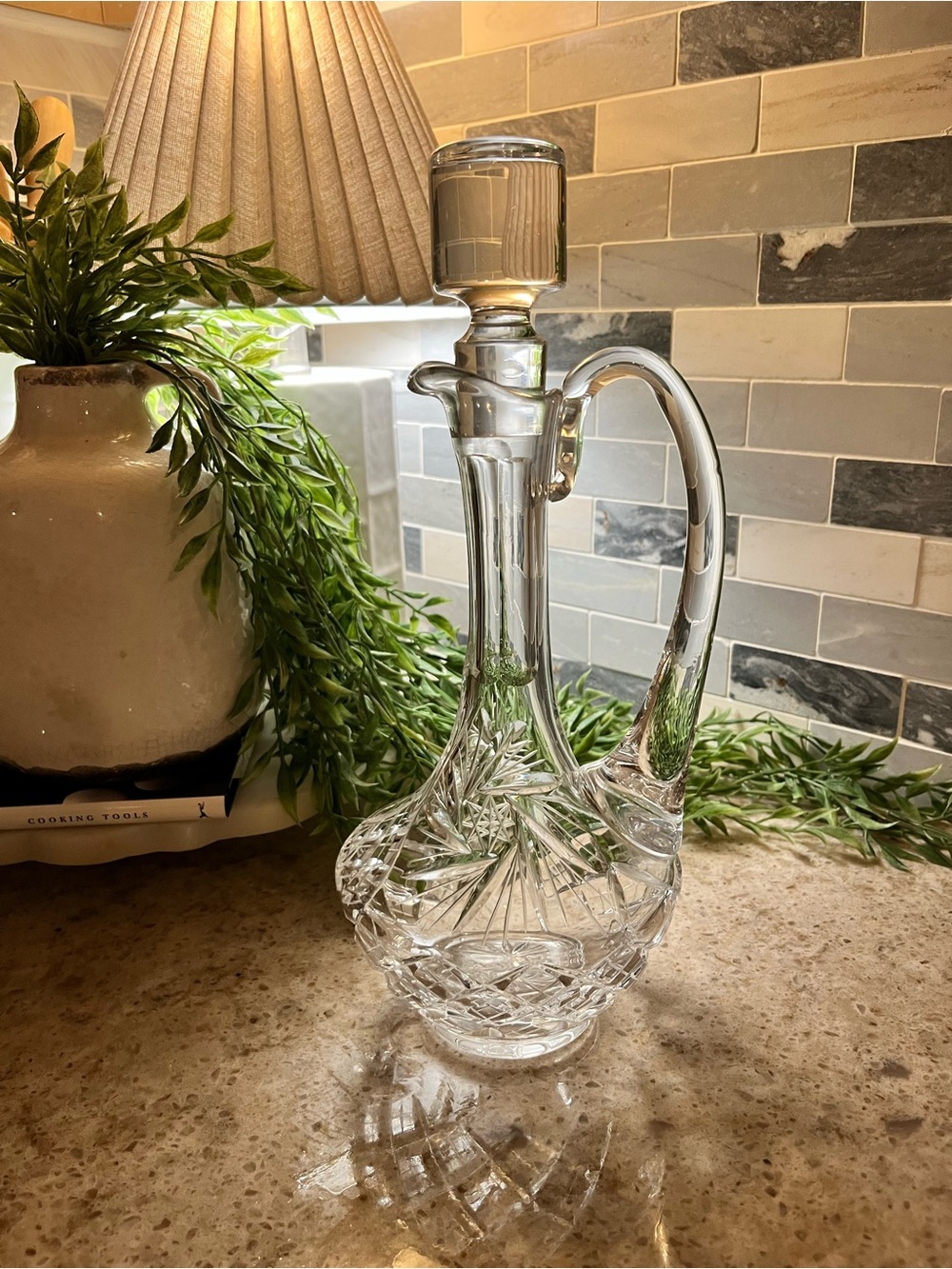 Vintage cut crystal glass Decanter or wine ewer with Handle and Stopper